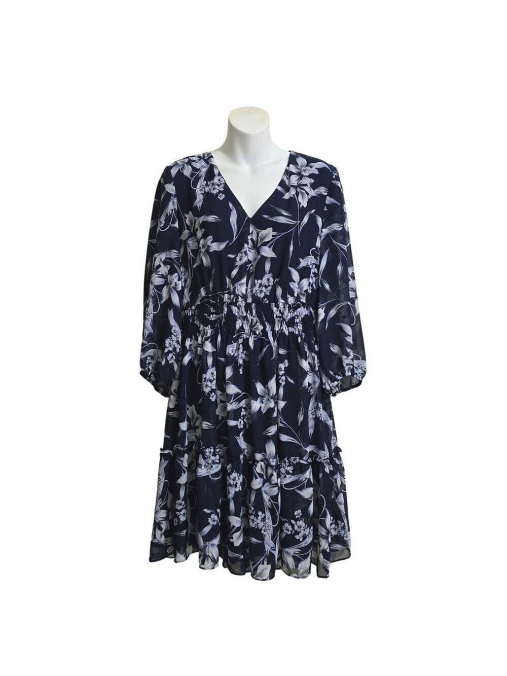 Just...Taylor Navy Floral Ruffled V-Neck Chiffon Smocked A-Line Mini Dress Sz 14